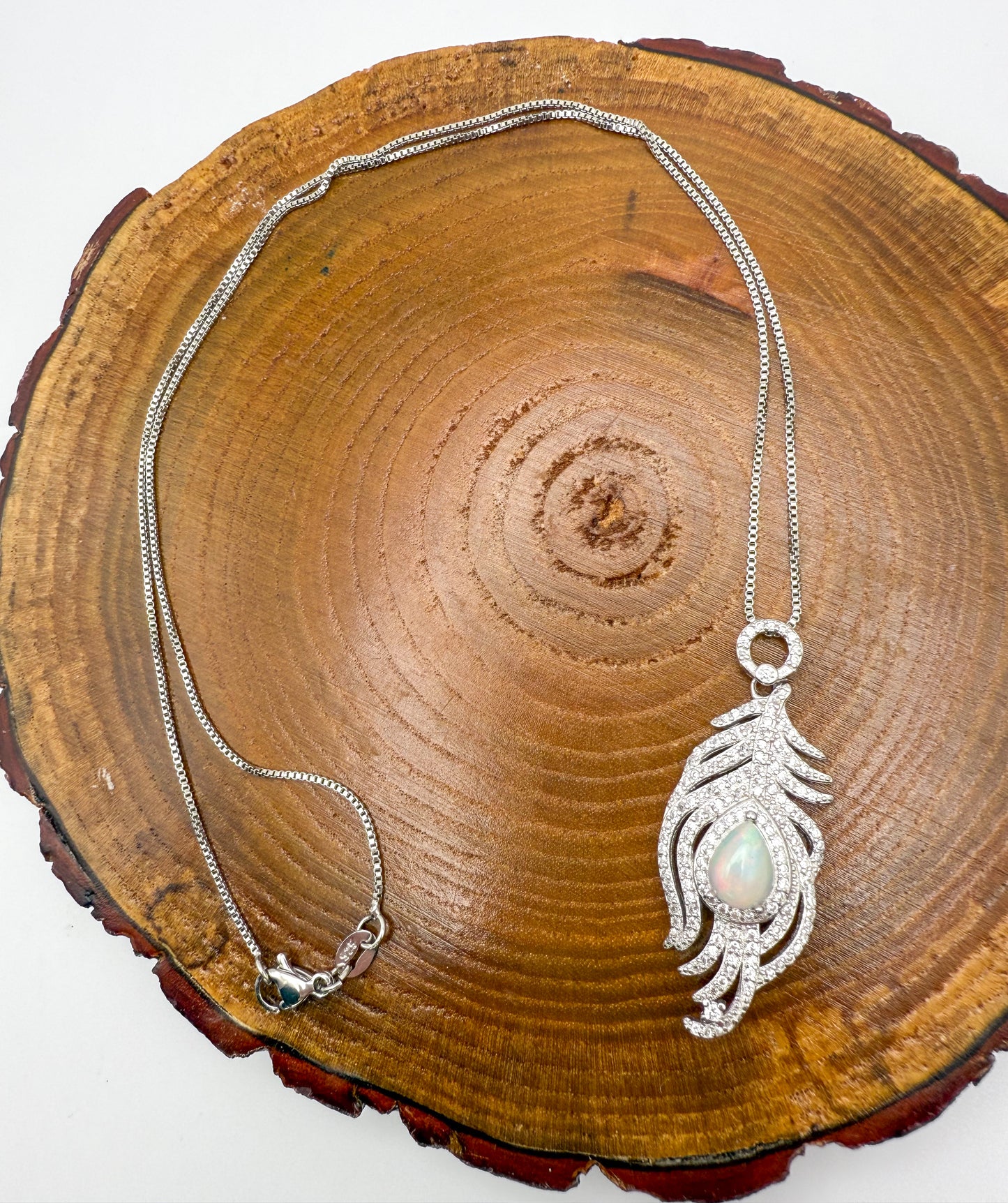 Natural White Opal Sterling Silver Feather Pendant Necklace