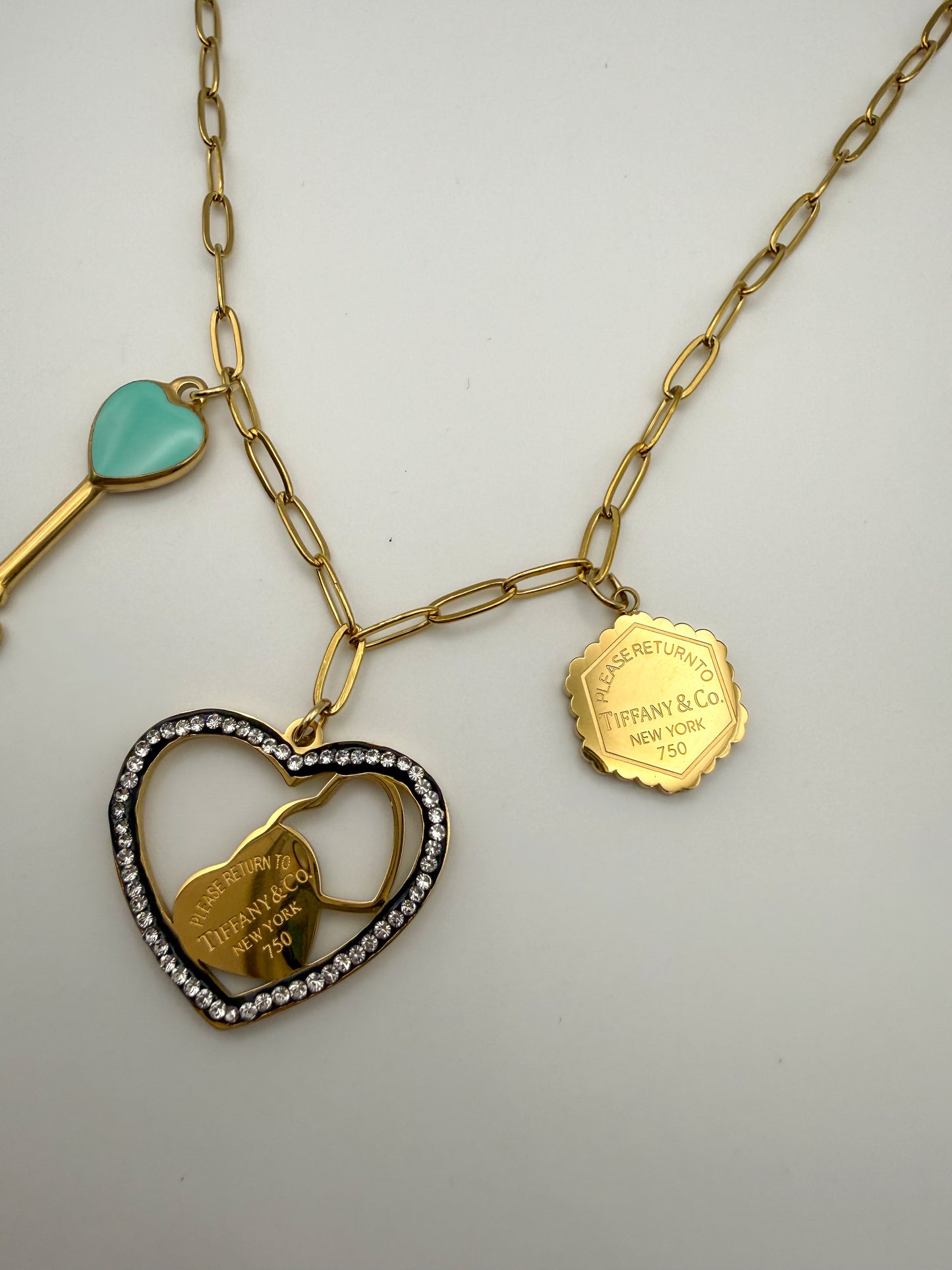 Gold Stainless Steel T&Co. Charm Necklace & Stud Earrings Jewelry Set