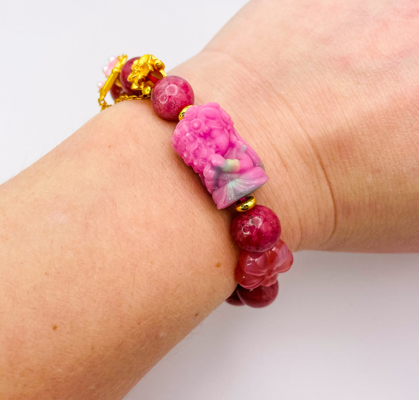 Goddess of Protection Drashi Llamo Pink Rhodonite Statement Bracelet