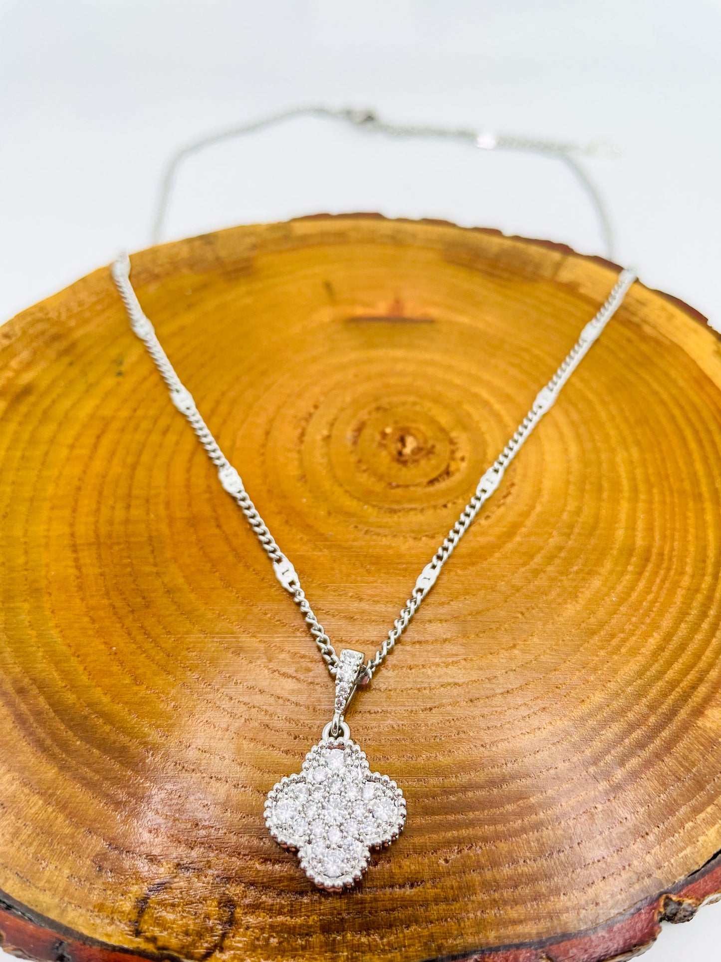 Zircon Covered Lucky Clover Silver & Gold Pendant Necklace