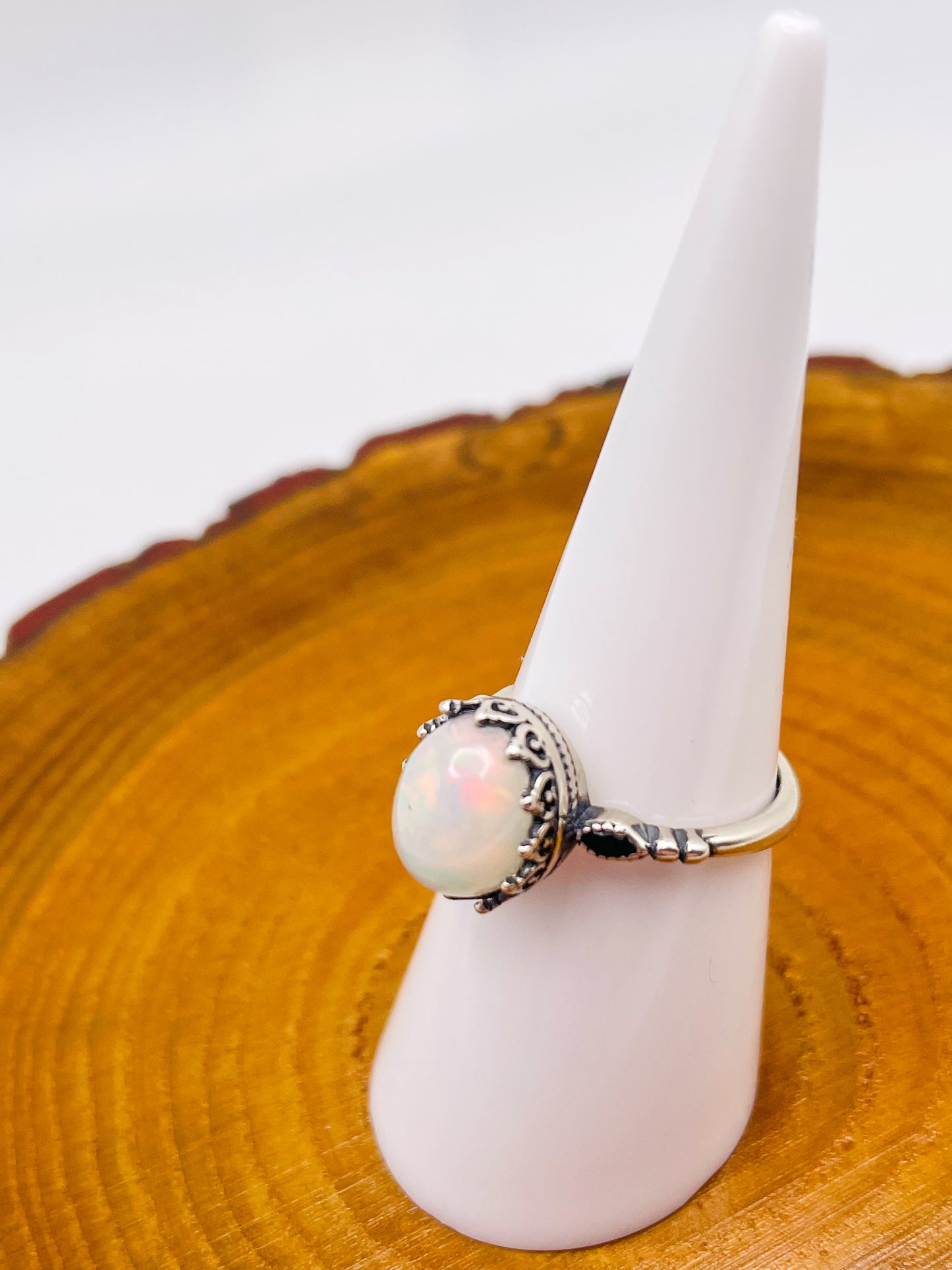 Sterling Silver Big White Opal Statement Adjustable Ring