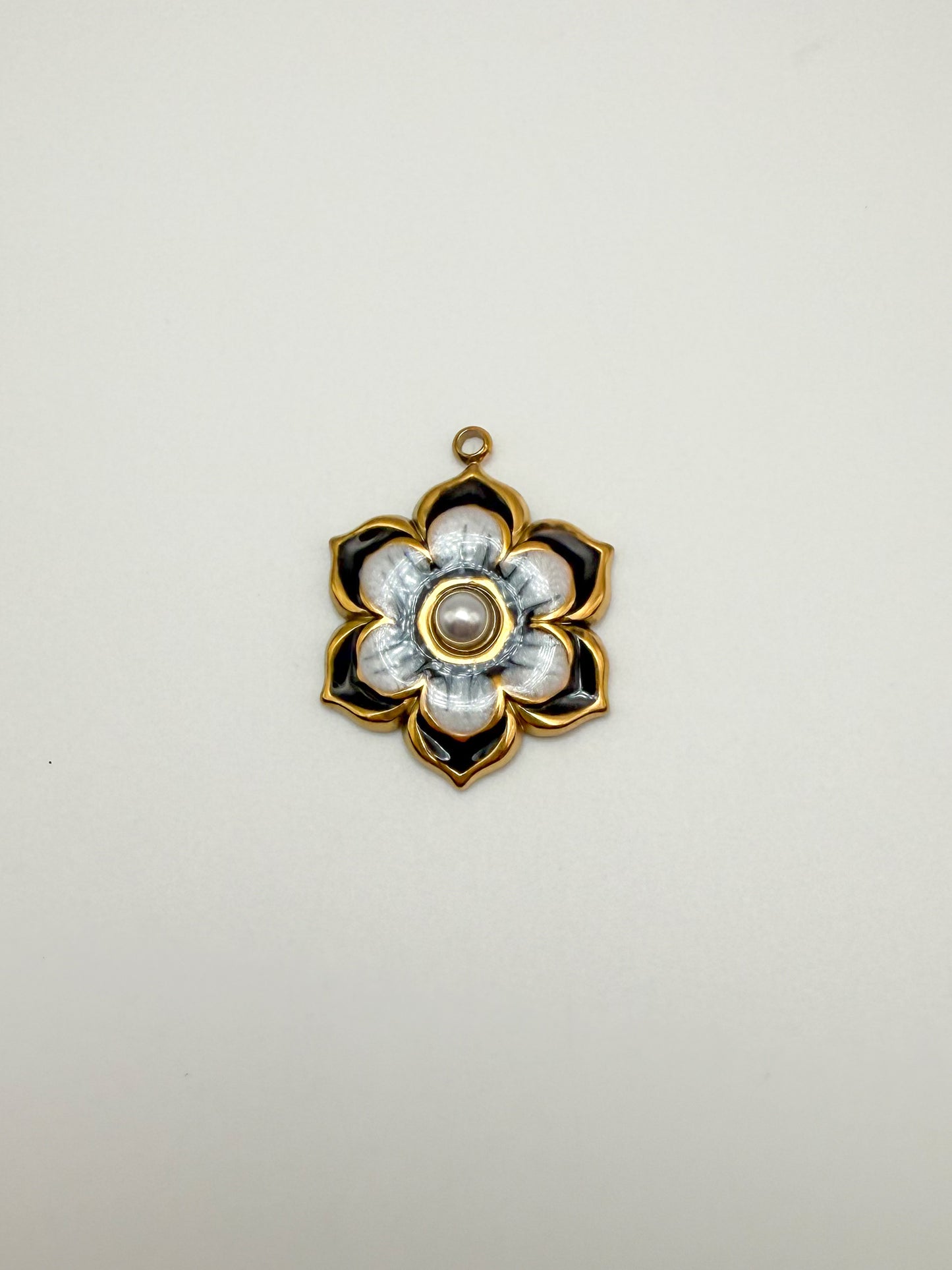 Stainless Steel Gold & Black Enamel Sakura Flower Charm Pendant