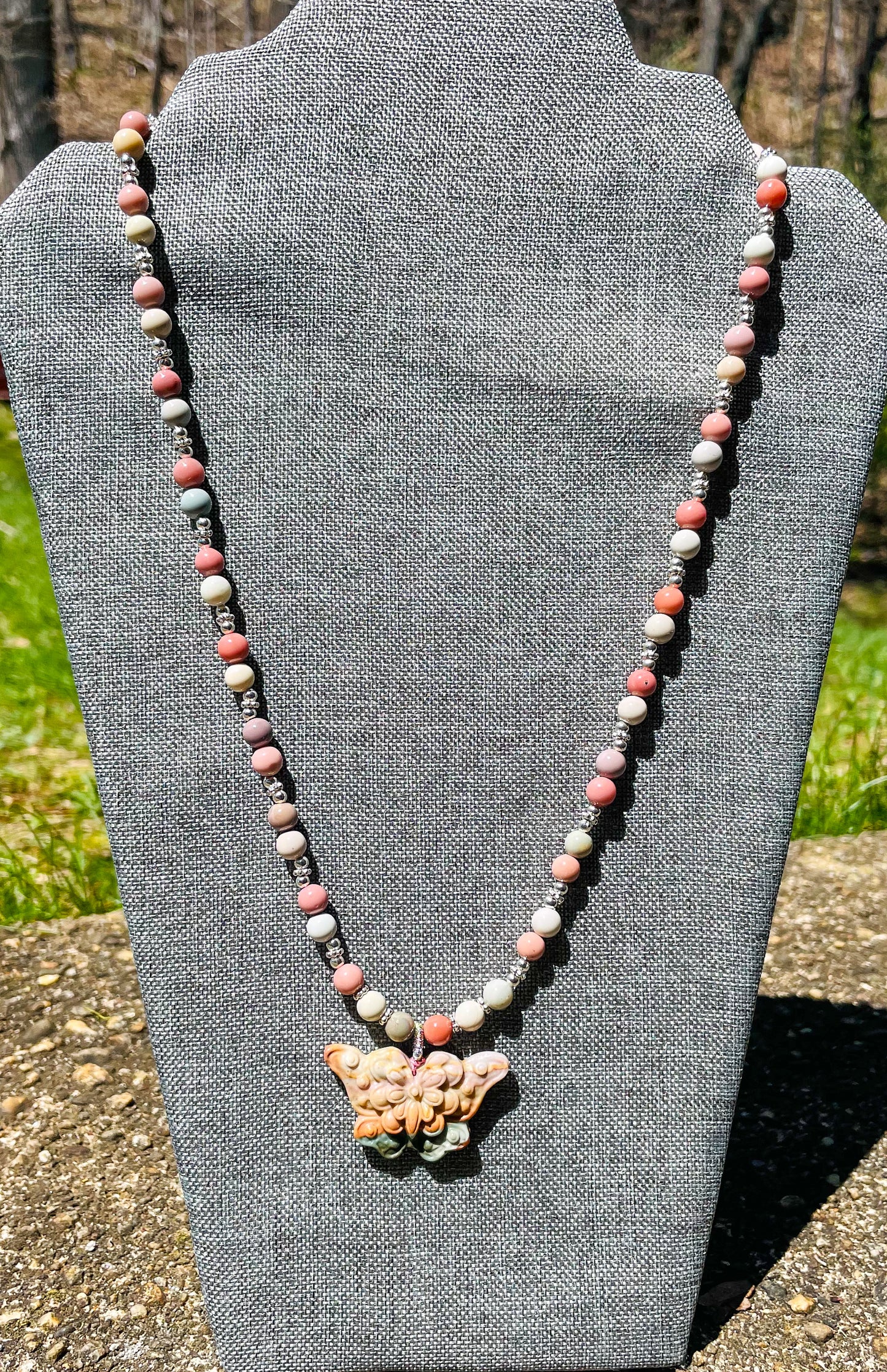 Natural Alashan Agate Butterfly Crystal Carving Beaded Adjustable Necklace