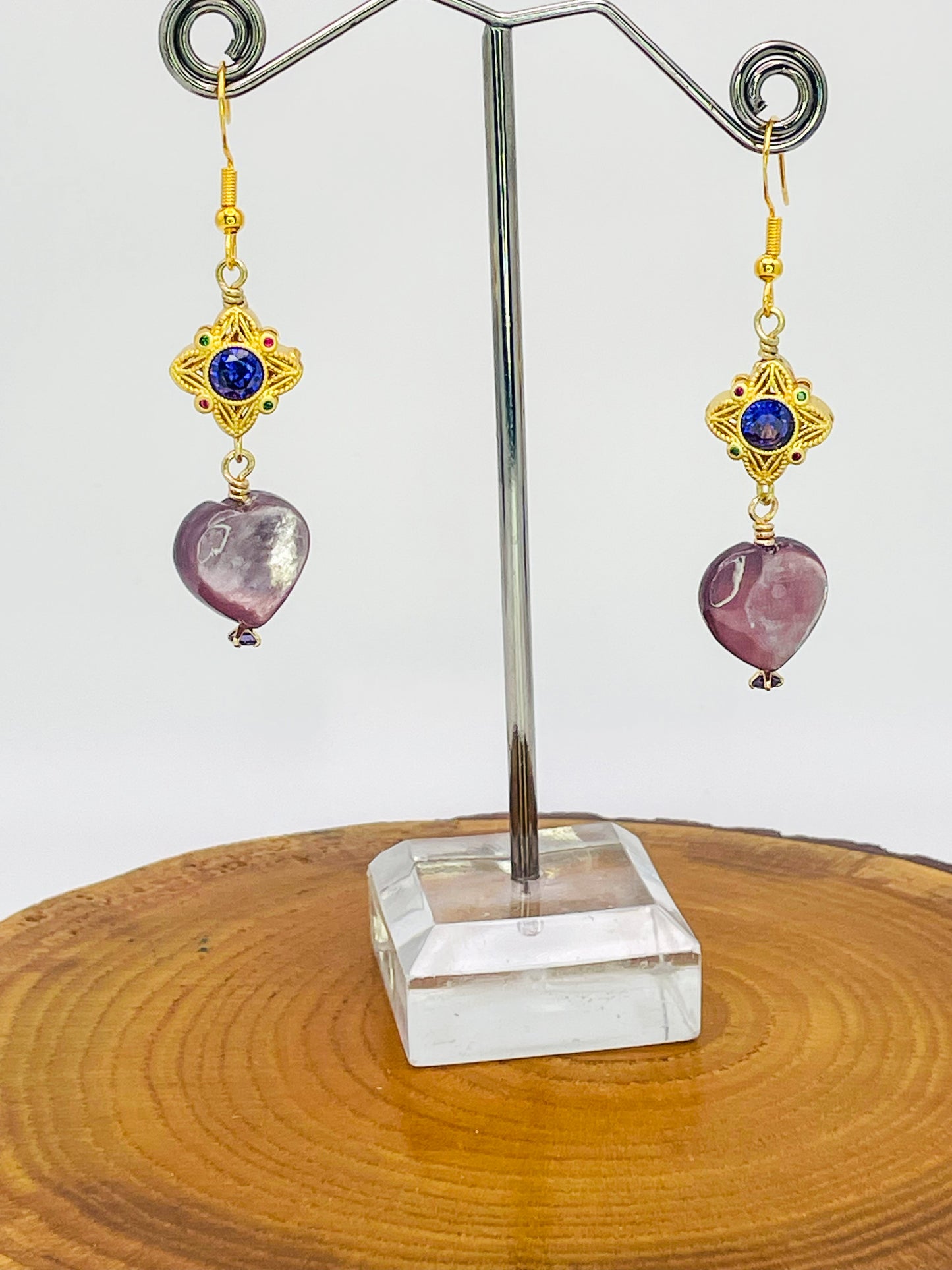 Natural Lepidolite Heart Gold Earrings