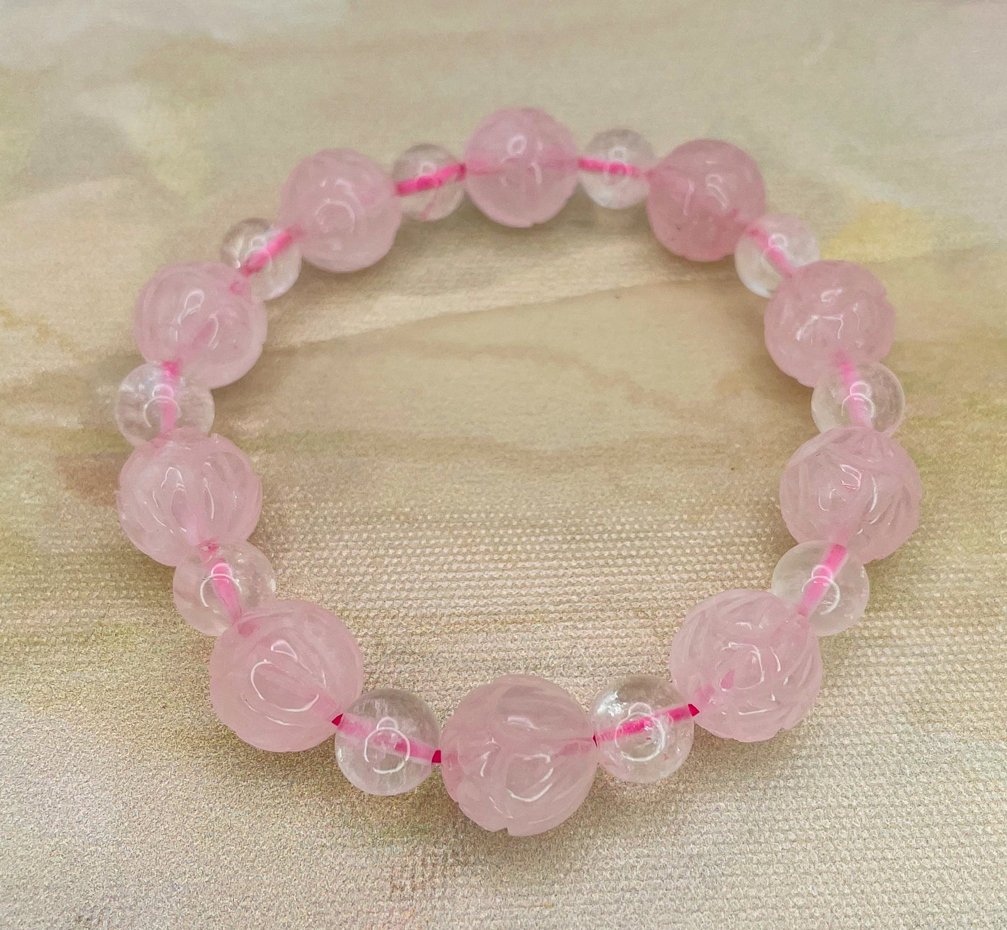 Lotus Craved Natural Crystal Beaded Bracelets- Clear Quartz, Rose Quartz