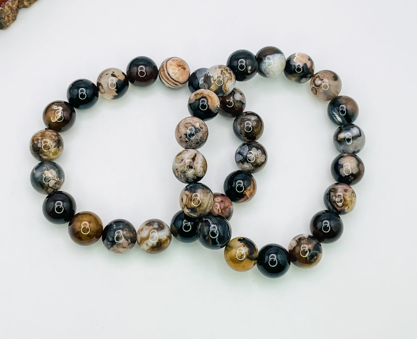 Natural Black Flower Agate Crystal Beaded Stretch Adjsutable Bracelet