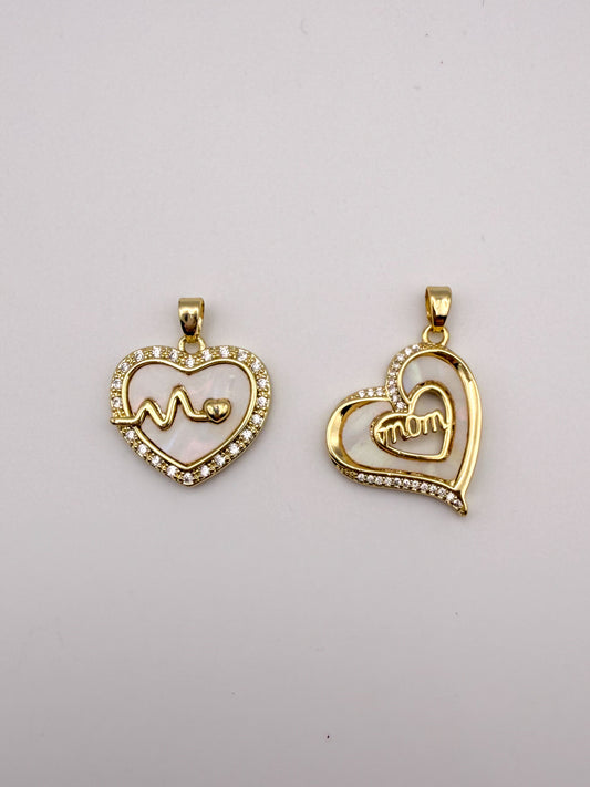 Gold Mother of Pearl Shell Heart Mom & Heartbeat Charm Pendants