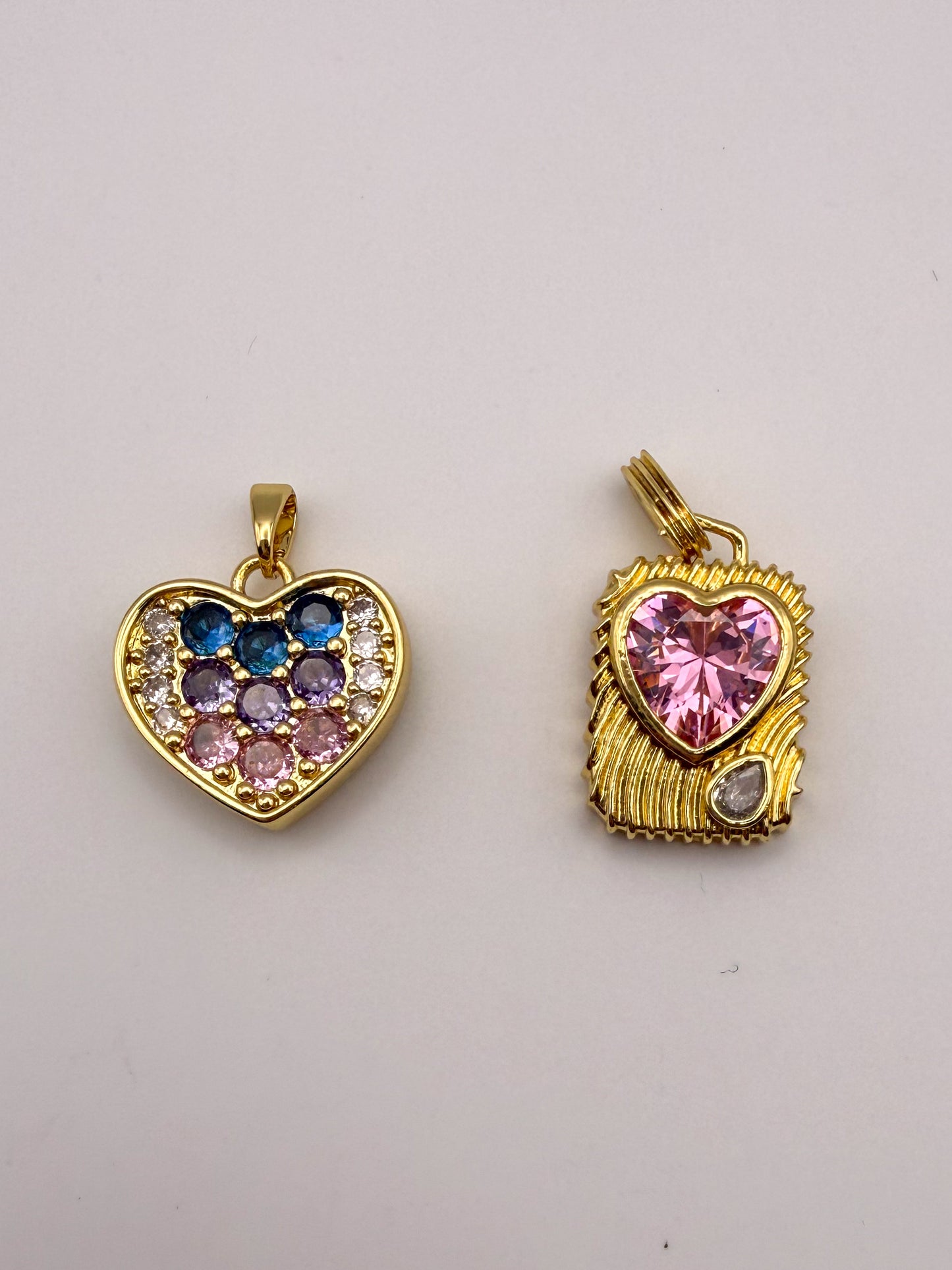 Gold Colorful Zircon Heart & Pink Zircon Heart Charm Pendant