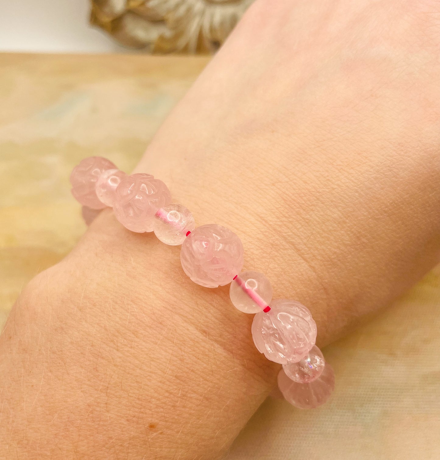 Lotus Craved Natural Crystal Beaded Bracelets- Clear Quartz, Rose Quartz