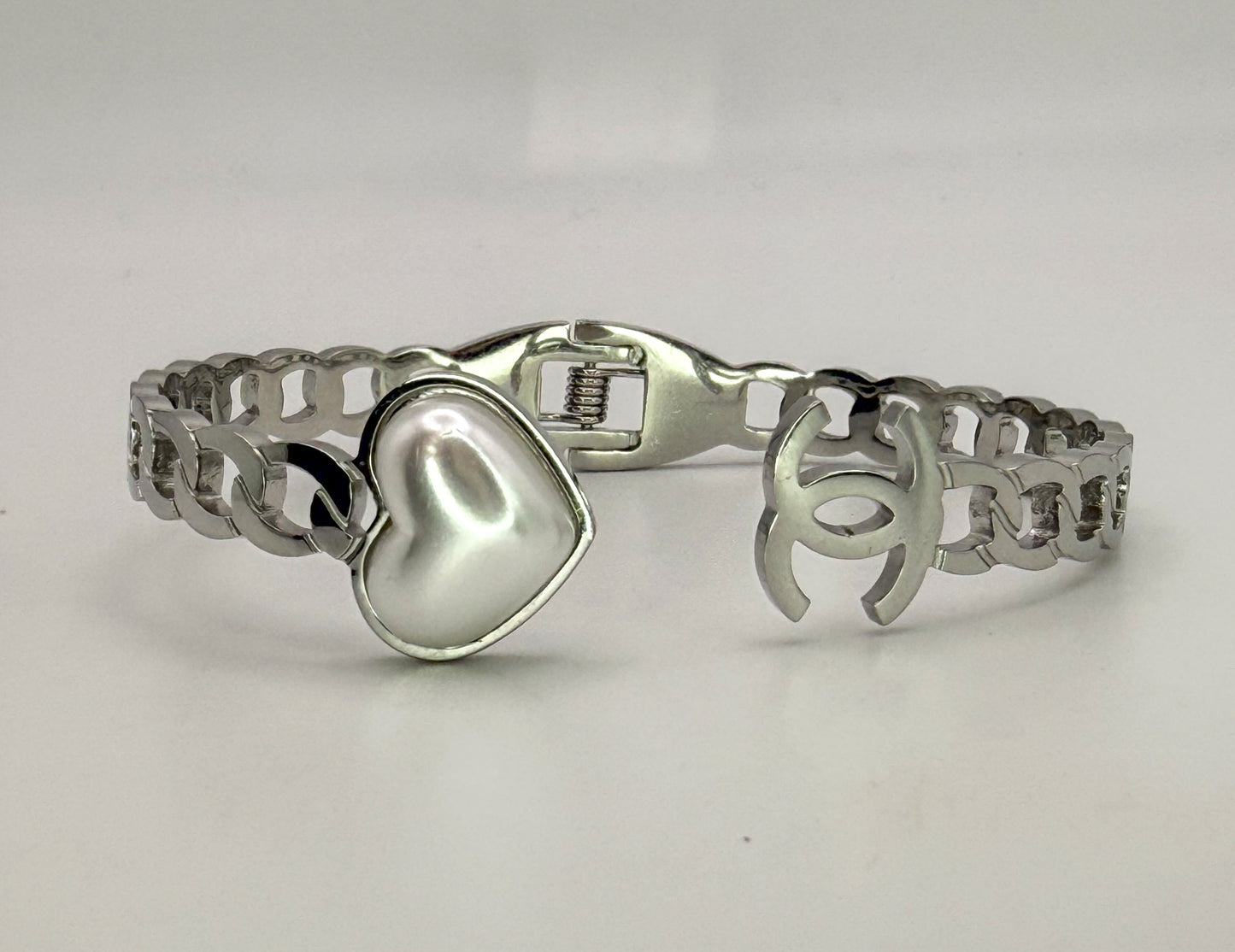 Silver Open Front CC Pearl Heart Stainless Steel Bangle Bracelet