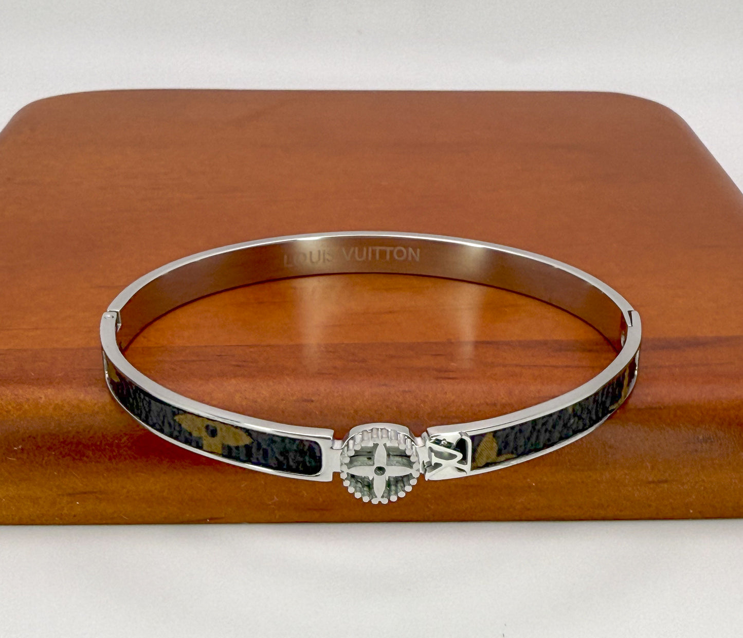 LV Logo Silver Stamped Stainless Steel Bangle Bracelet with Brand Leather