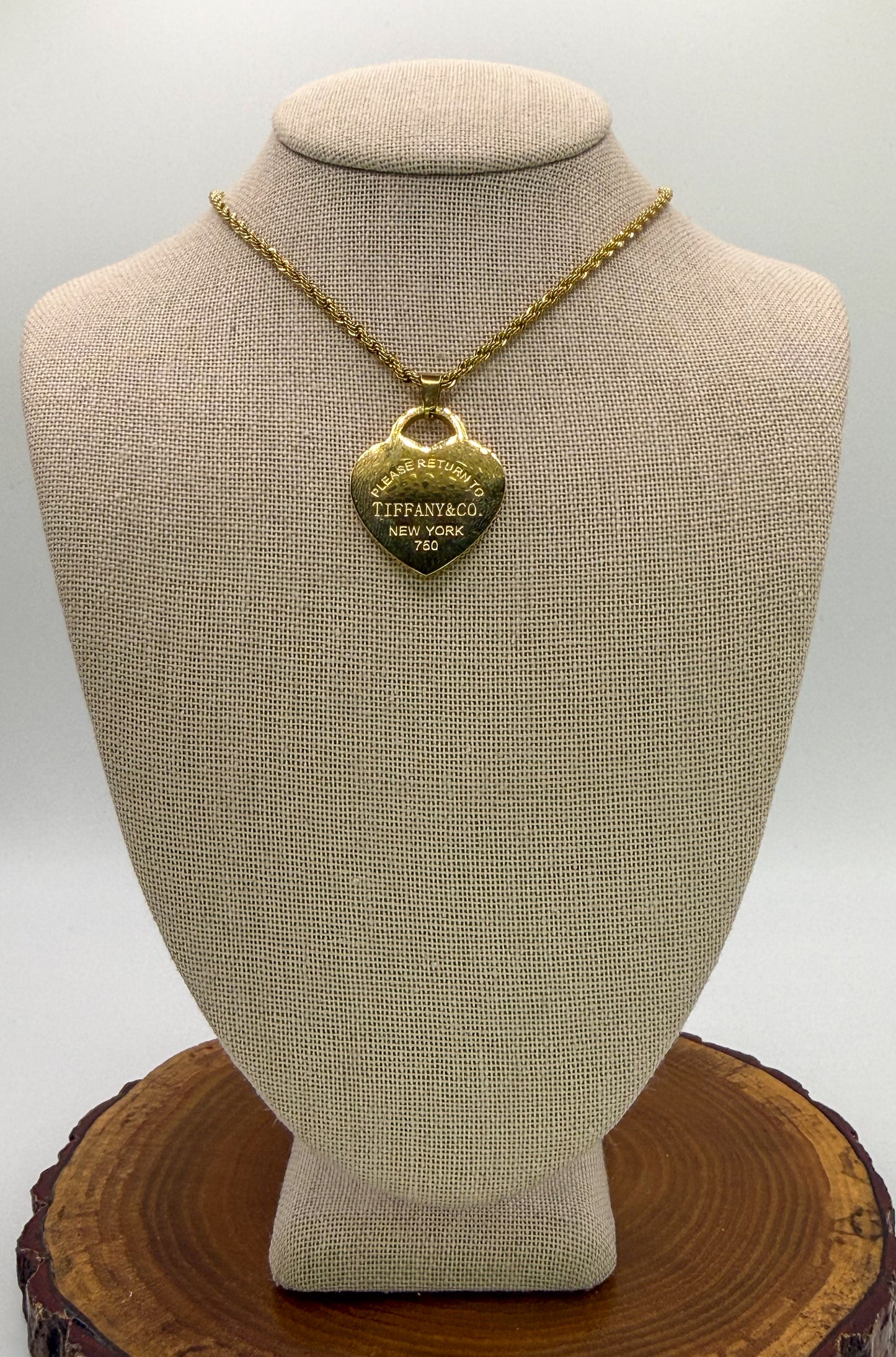 Gold Stainless Steel T&Co Heart Pendant Twist Rope Chain Necklace