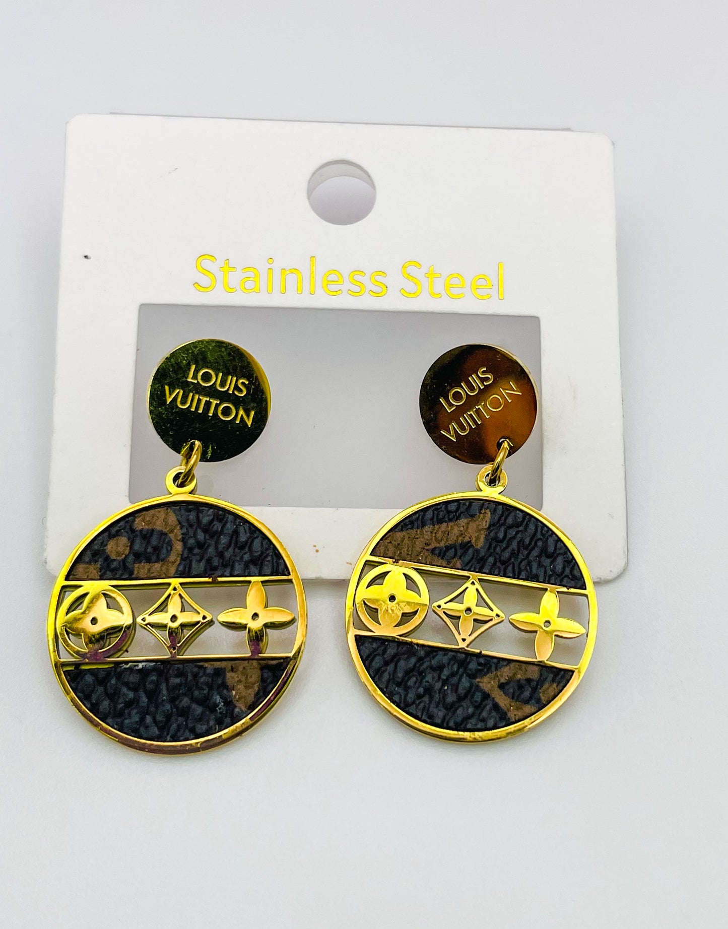 LV Designer Stud Drop Earrings with Embedded Leather