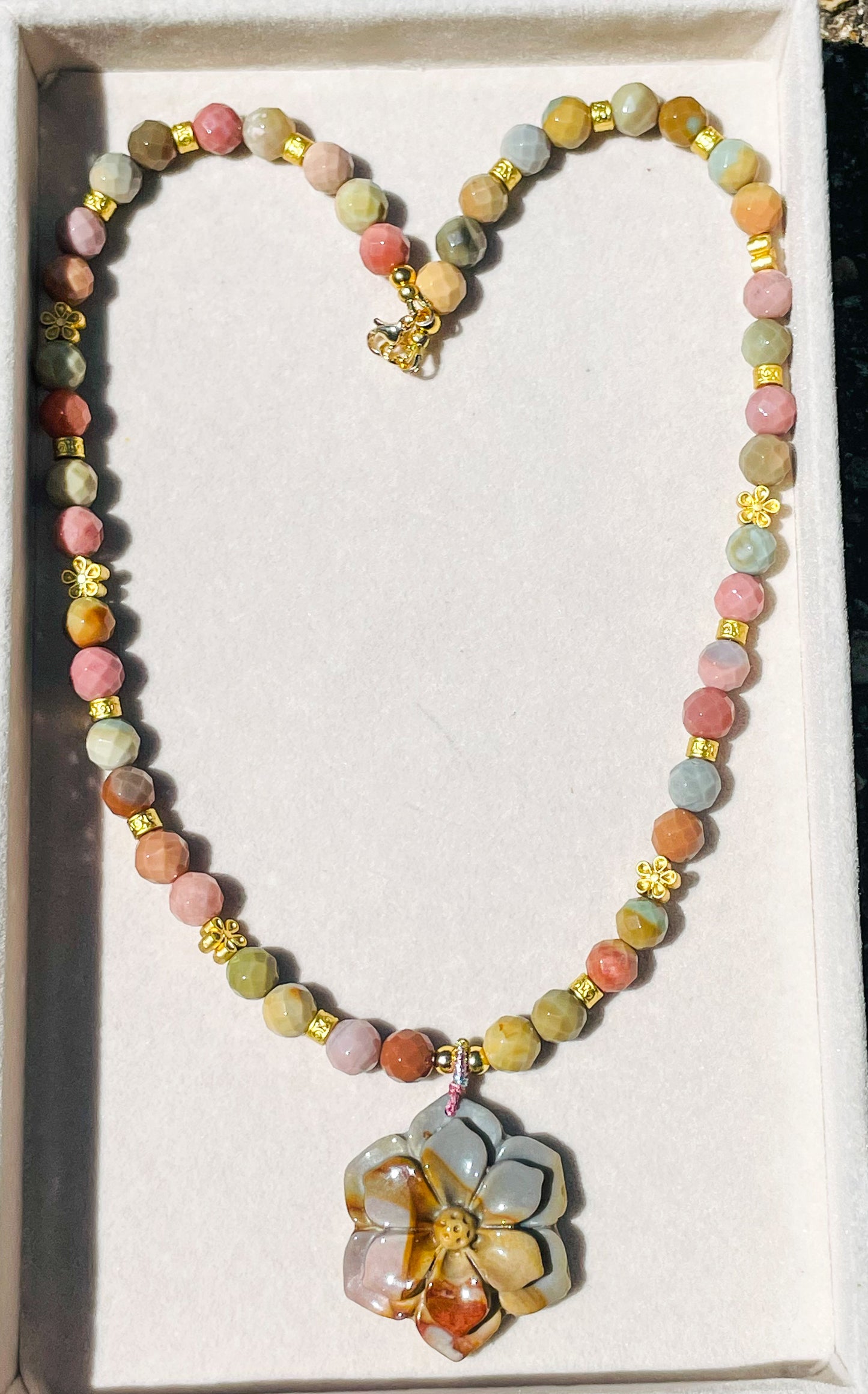 Natural Alashan Agate Sakura Flower Beaded Necklace