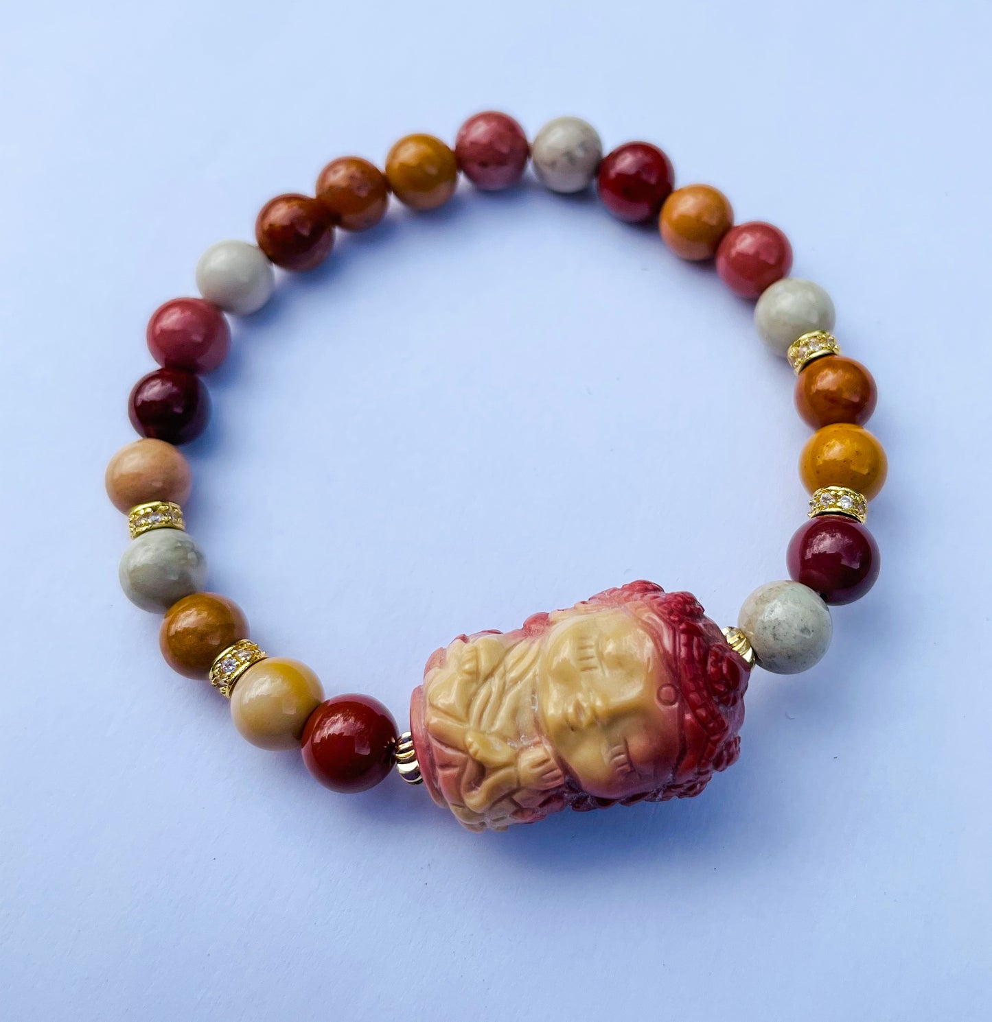 Natural Mooncake Alashan Agate Goddess Crystal Carving Beaded Stretch Adjustable Bracelet