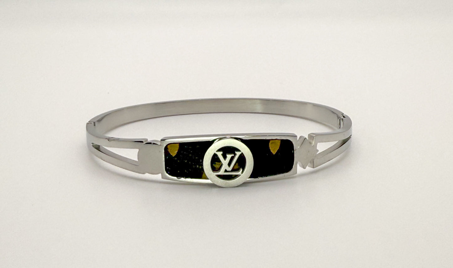 LV Gold or Silver Stainless Steel Bangle with Brand Leather