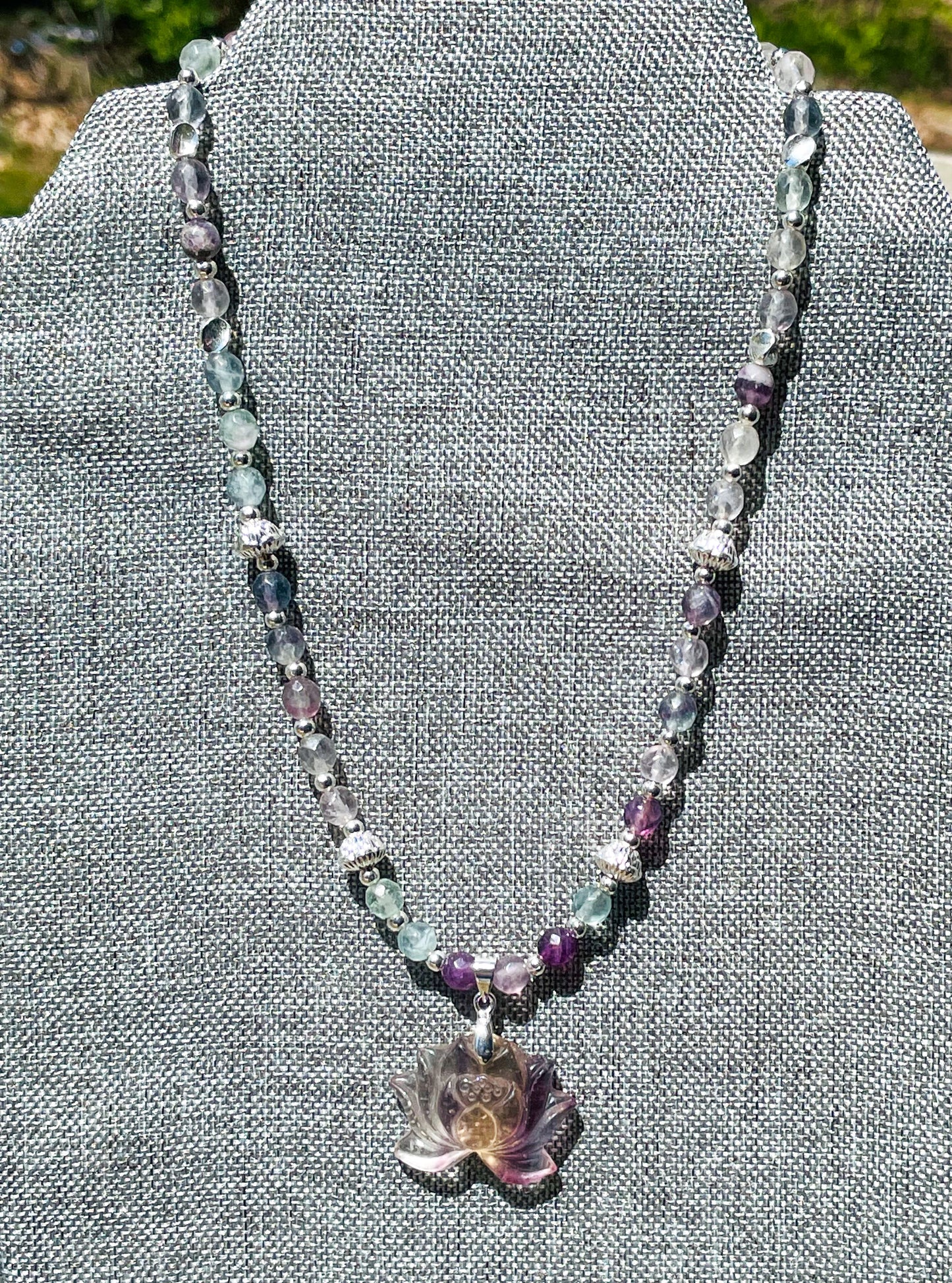 Natural Fluorite Lotus Crystal Carving Beaded Adjustable Necklace