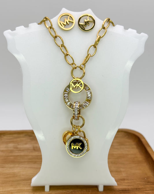 Gold Micheal Kors Designer Matching Necklace & Earrings Jewelry Set