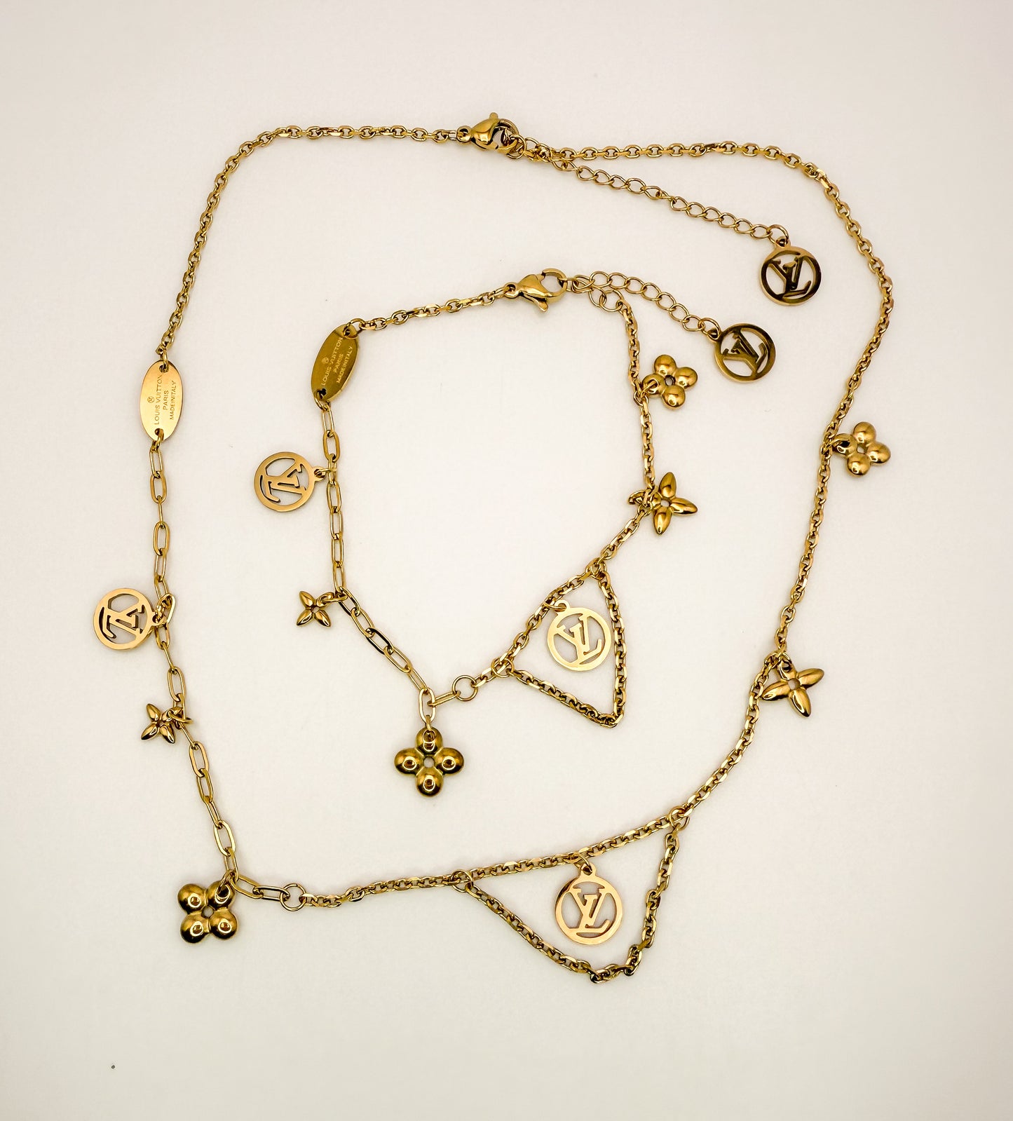 Matching LV Designer Logo Gold Stainless Steel Necklace & Bracelet Set