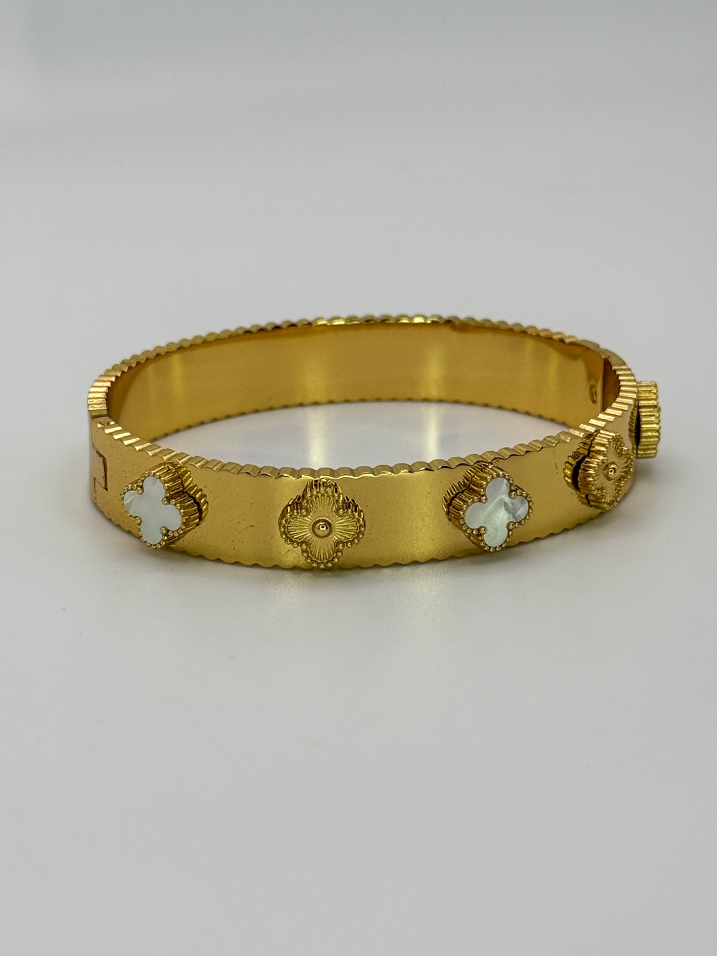 Gold with Mother of Pearl Shell Clover Bangle Bracelet
