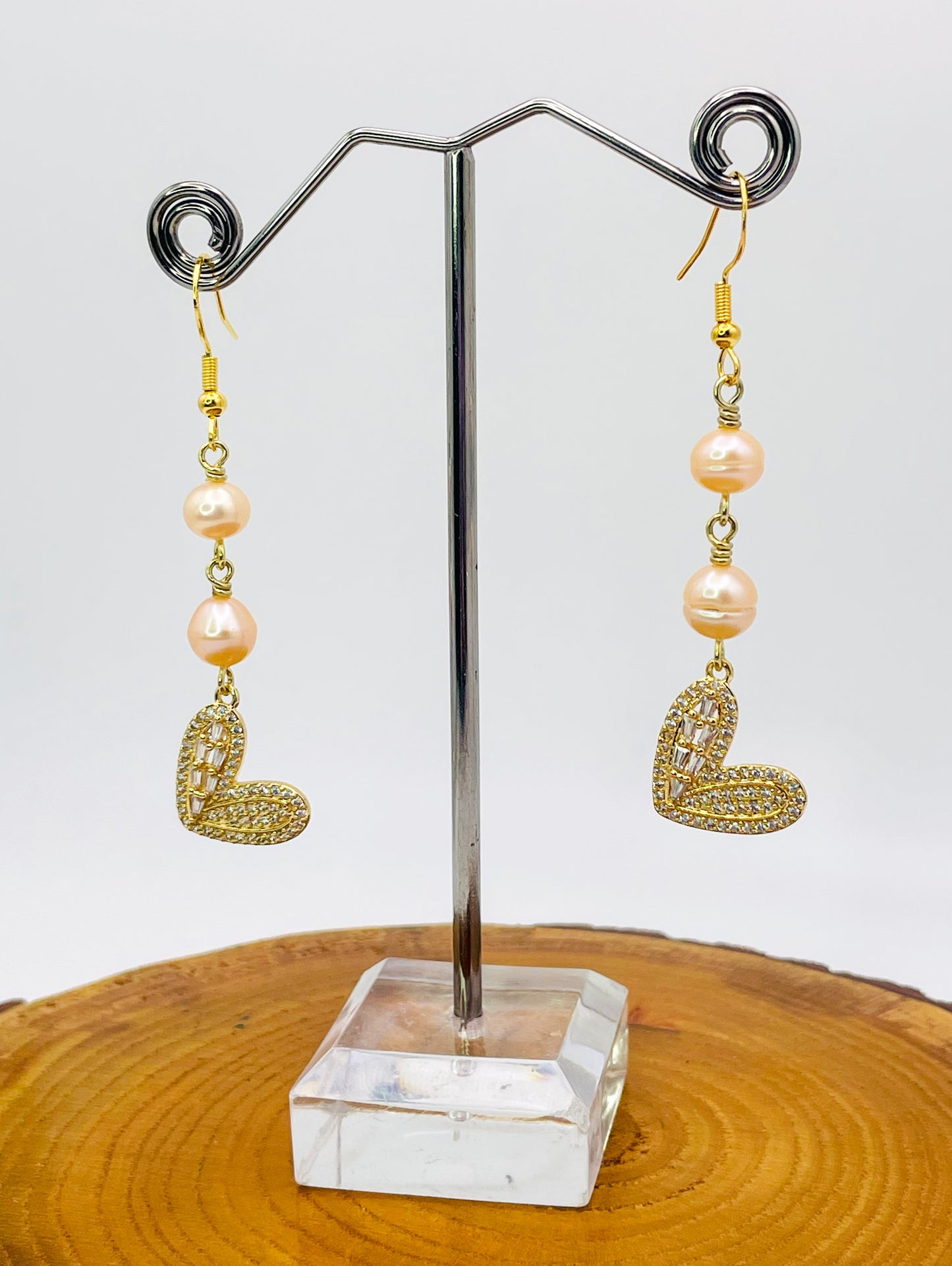 Bling Heart Earrings with Freshwater Pink Pearls