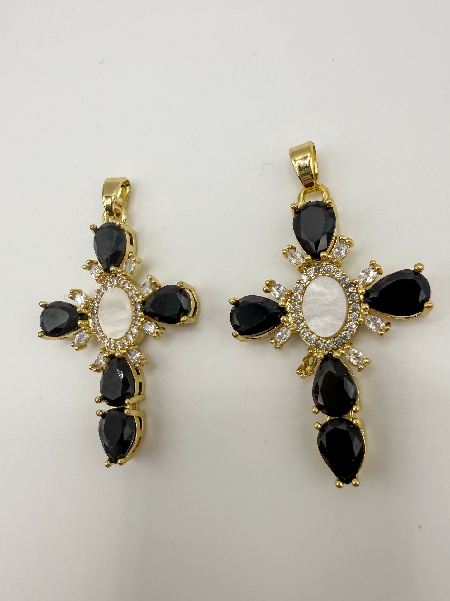 Black Zircon & Mother of Pearl Shell Gold Cross Charm Pendant