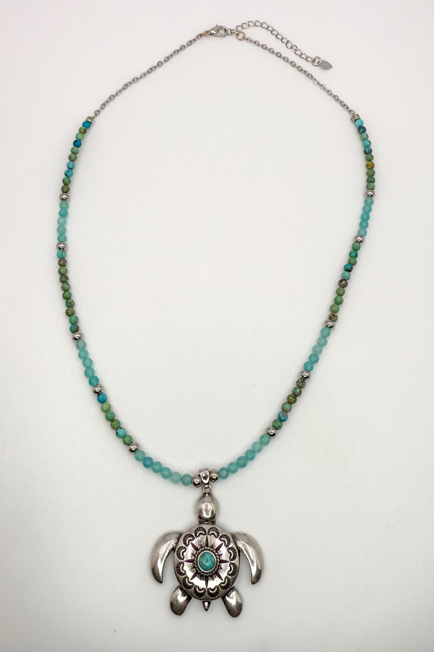 Natural Turquoise & Amazonite Crystal Beaded Necklace with Silver Sea Turtle Pendant