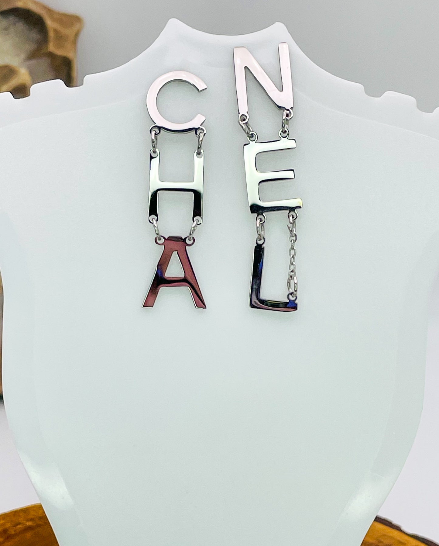 Silver Chanel Letter Drop Stud Earrings