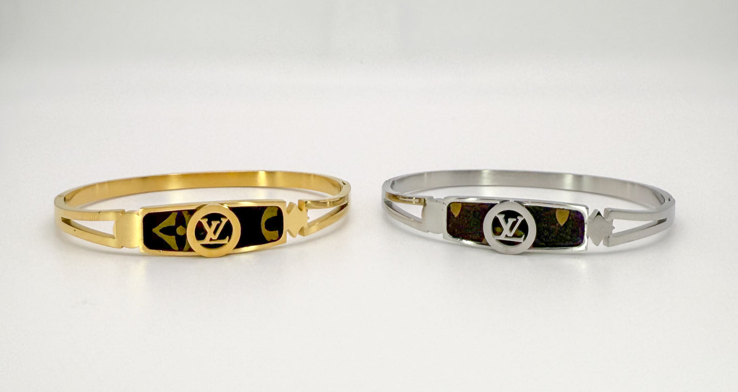 LV Gold or Silver Stainless Steel Bangle with Brand Leather