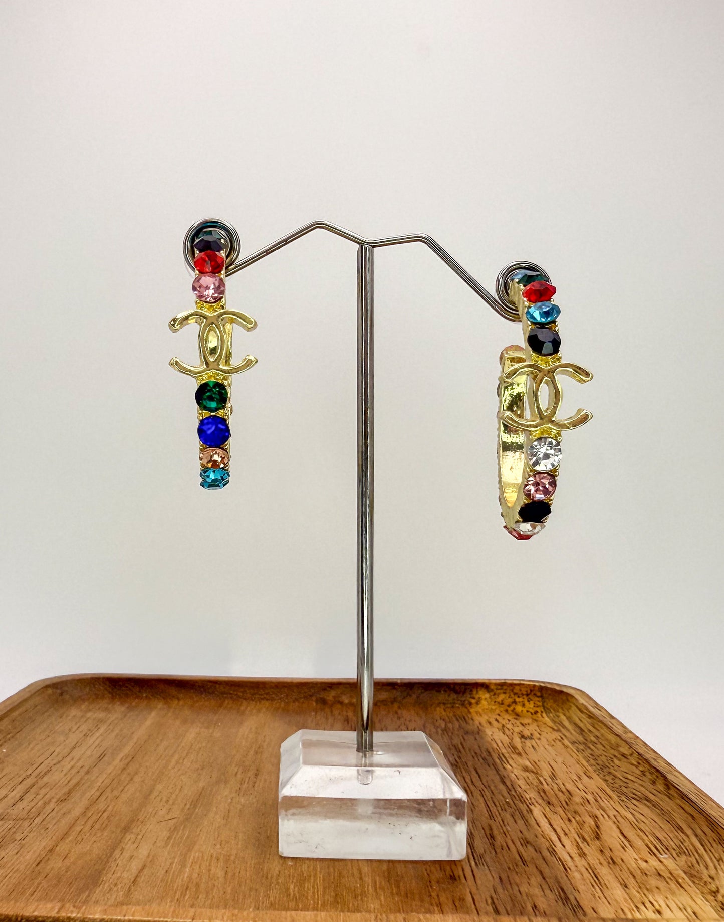 CC Designer Colorful Rhinestone Gold Hoop Earrings