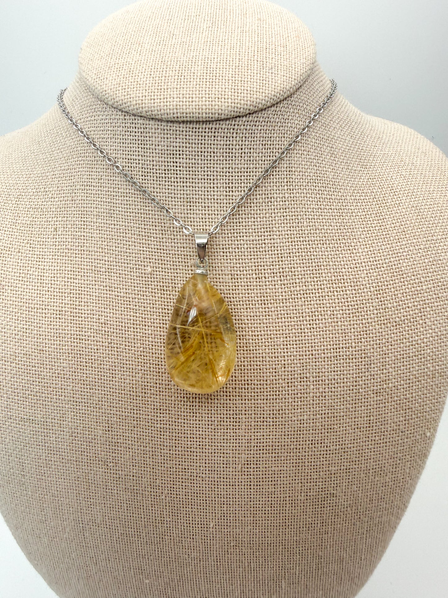 Natural Golden Rutilated Quartz Crystal Teardrop Pendant Stainless Steel Chain Necklace