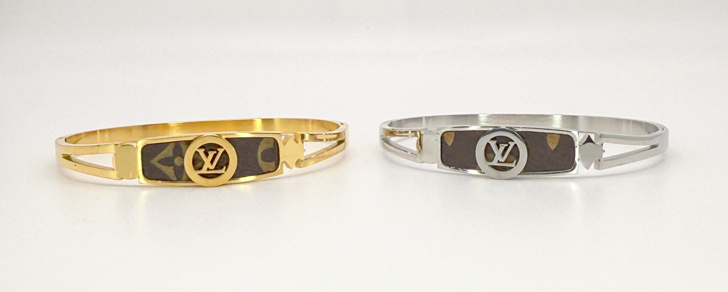 LV Gold or Silver Stainless Steel Bangle with Brand Leather