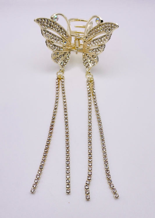 Small Gold Bling Butterfly Hair Clip with Dangling Bling Gold Chain