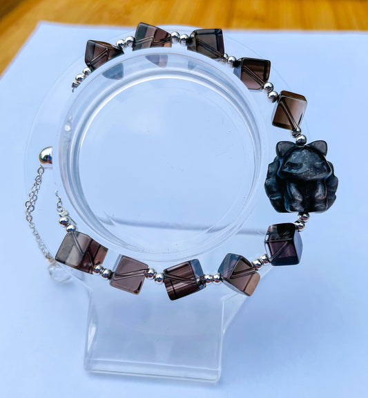 Natural Silver Obsidian 9 Tailed Fox & Smoky Quartz Irregular Beaded Adjustable Chain Bracelet