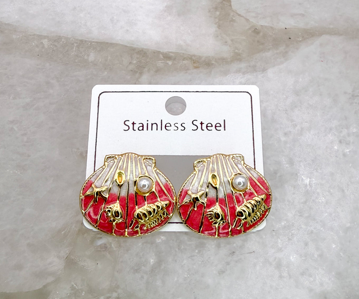 Gold Stainless Steel Colorful Shell Stud Earrings