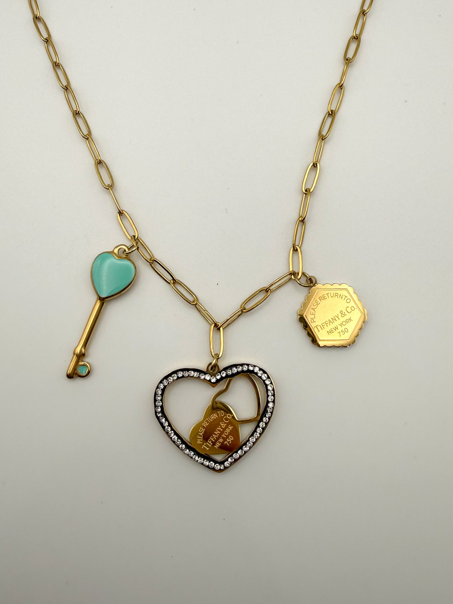 Gold Stainless Steel T&Co. Charm Necklace & Stud Earrings Jewelry Set