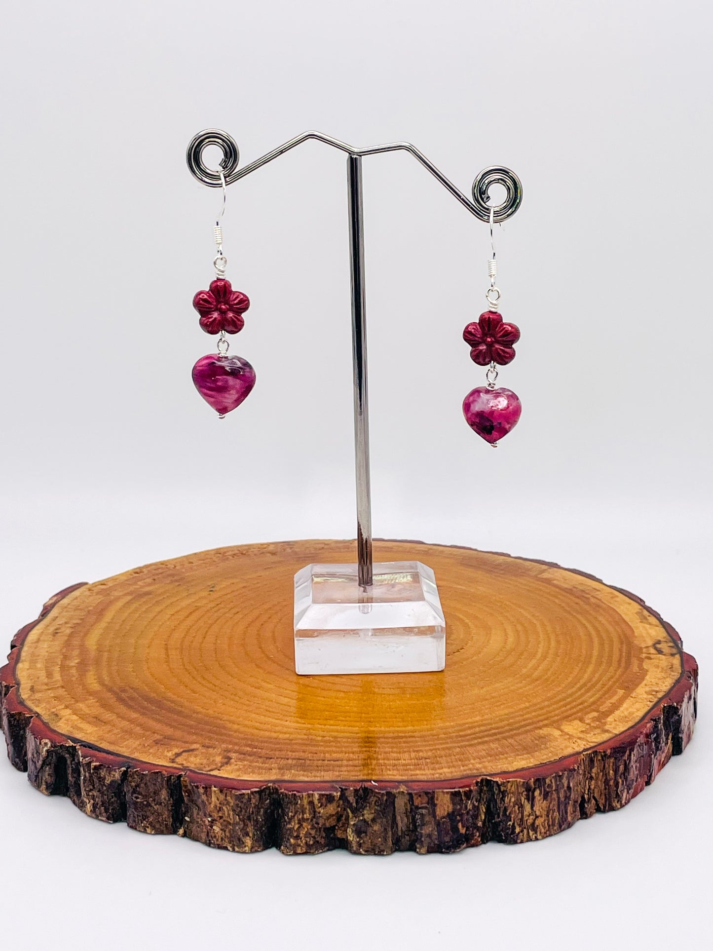 Purple Mica & Cinnabar Heart of Flowers Earrings