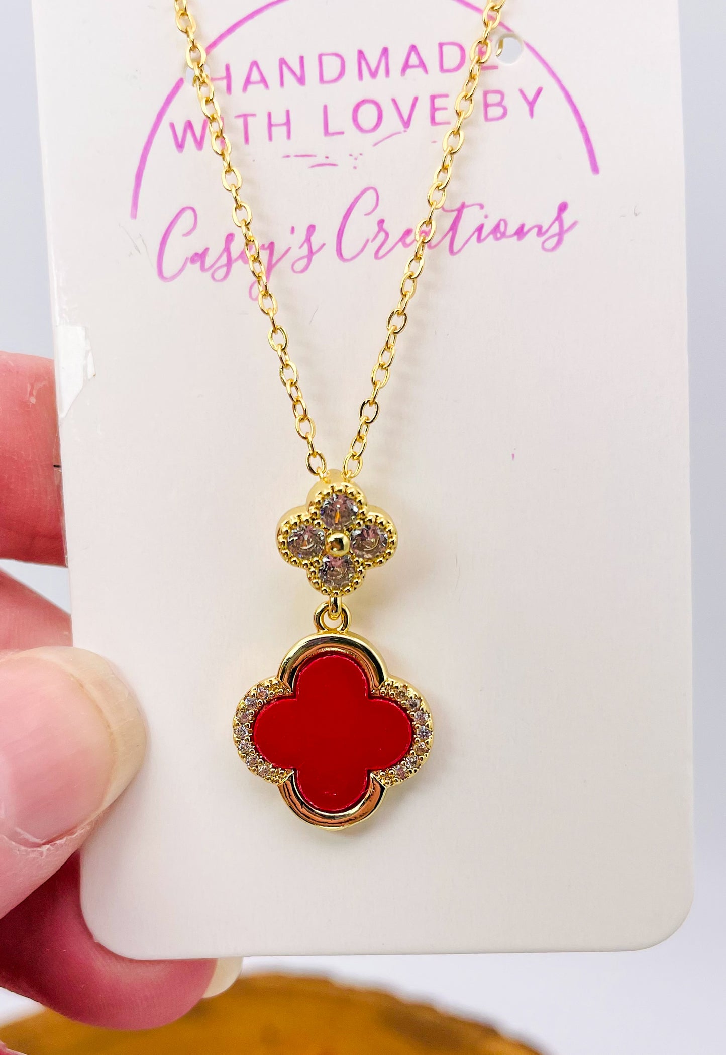 24K Gold Filled White or Red Double Lucky Clover Luxury Necklace