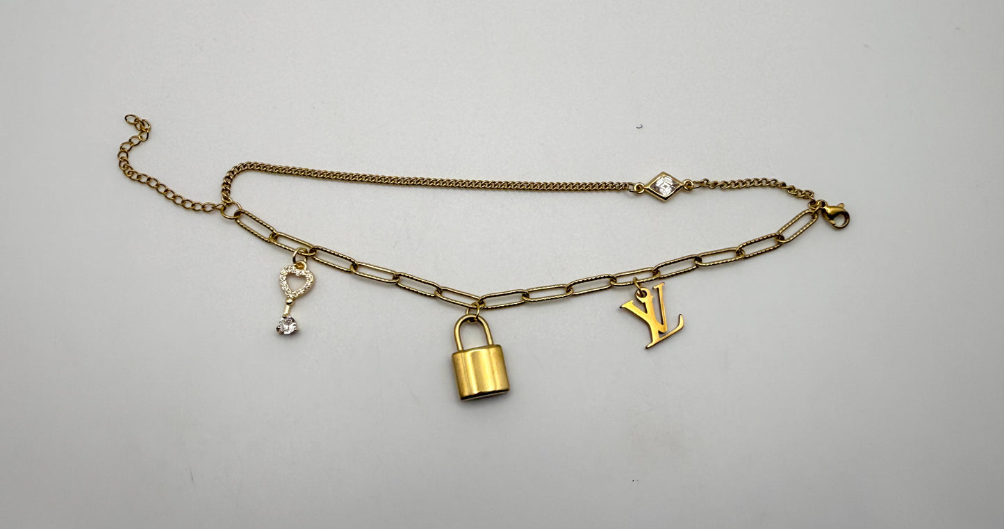 Gold LV Lock n Key Charm Adjustable Bracelet