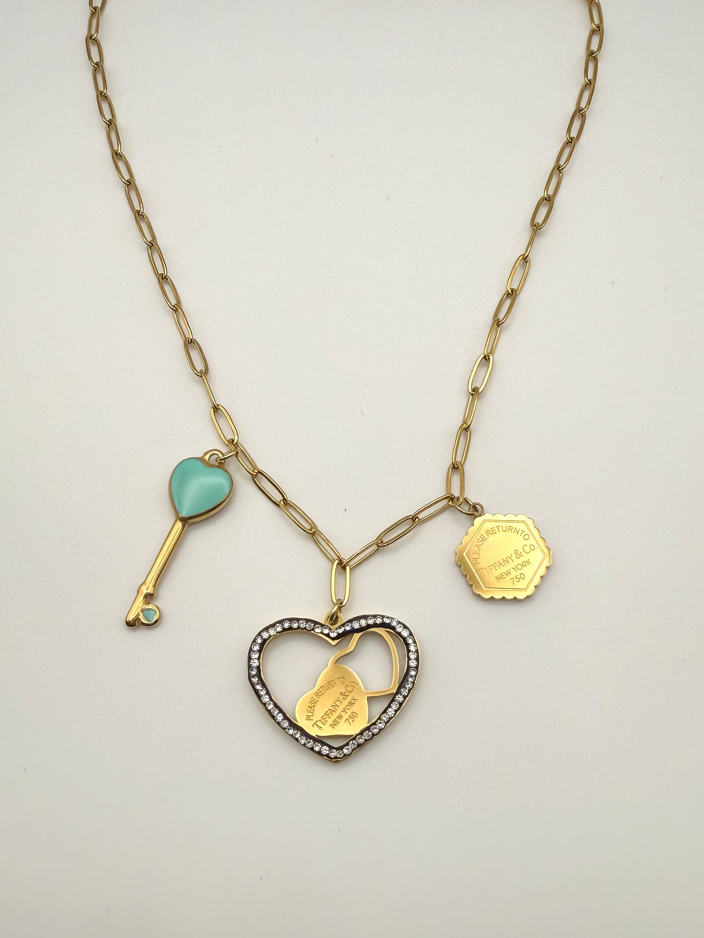 Gold Stainless Steel T&Co. Charm Necklace & Stud Earrings Jewelry Set