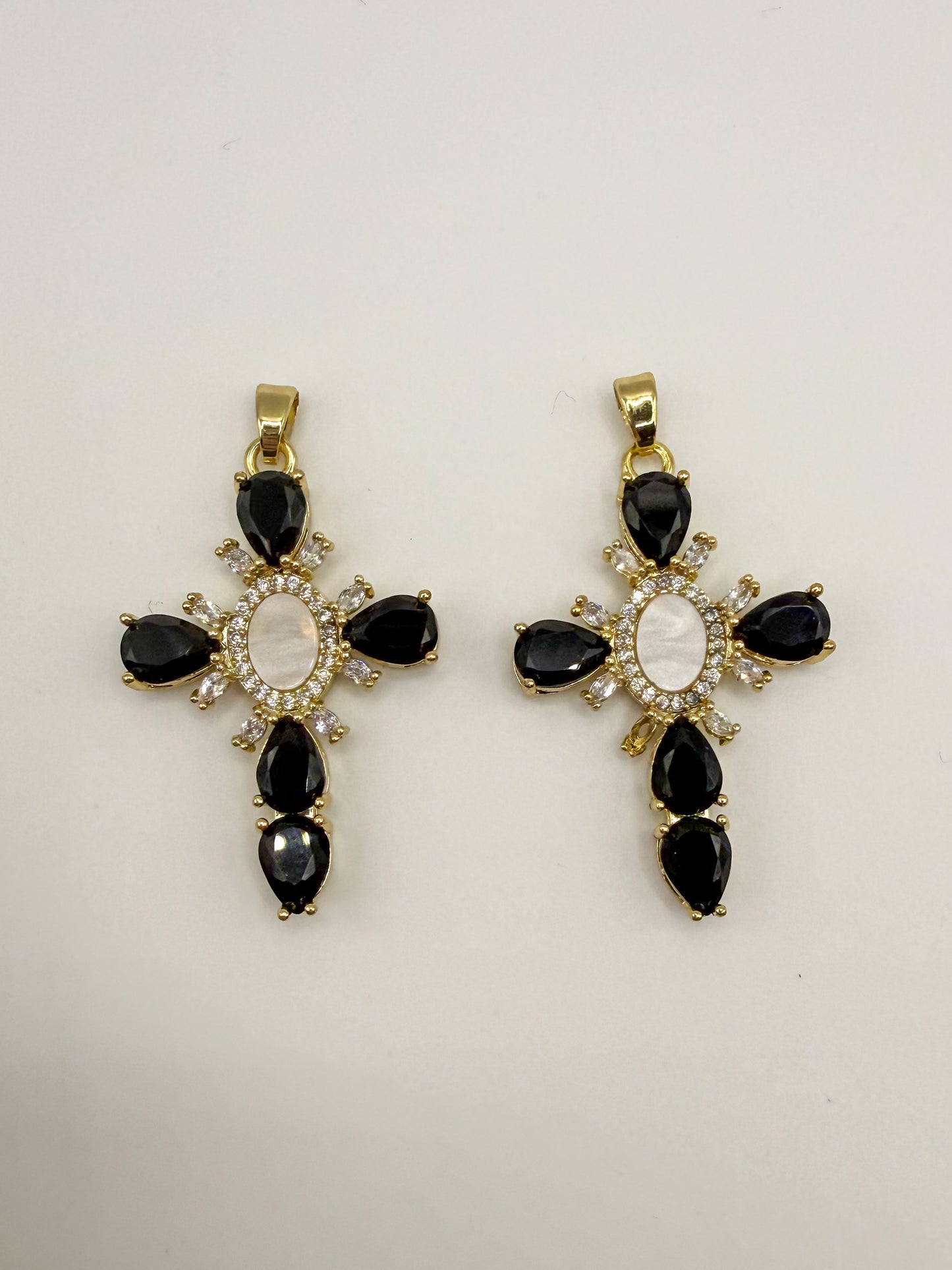 Black Zircon & Mother of Pearl Shell Gold Cross Charm Pendant