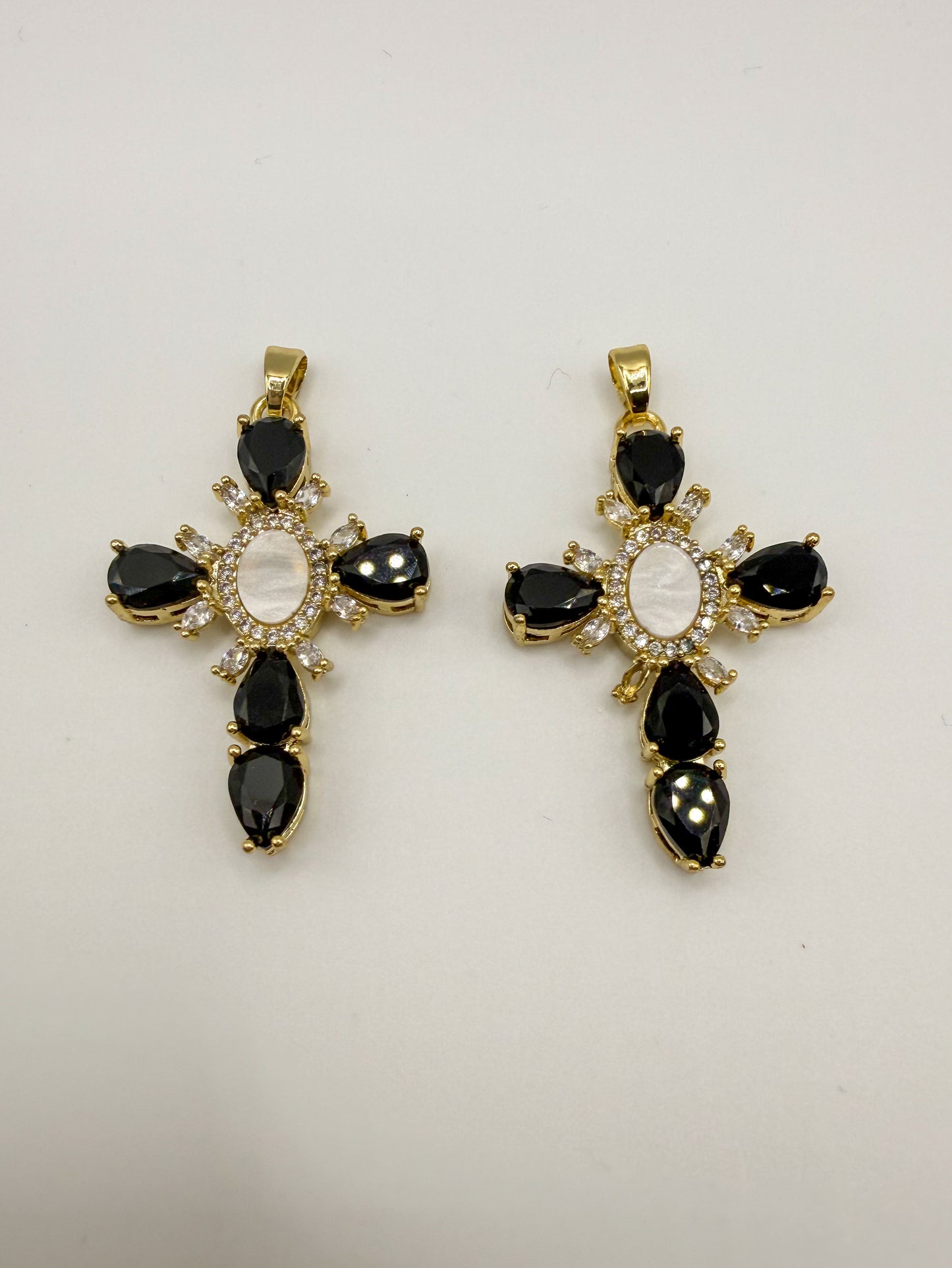 Black Zircon & Mother of Pearl Shell Gold Cross Charm Pendant