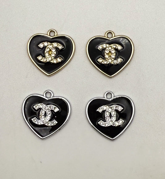 Solid Black CC Designer Heart Gold and Silver DIY Charms
