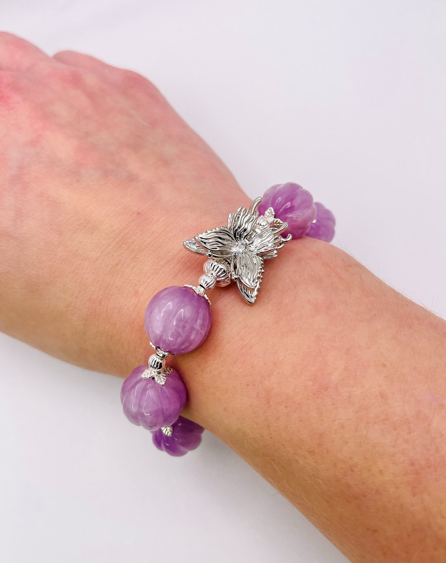 Natural Kunzite Pumpkin Craving Crystal Bracelet with Silver Double Butterfly Charm