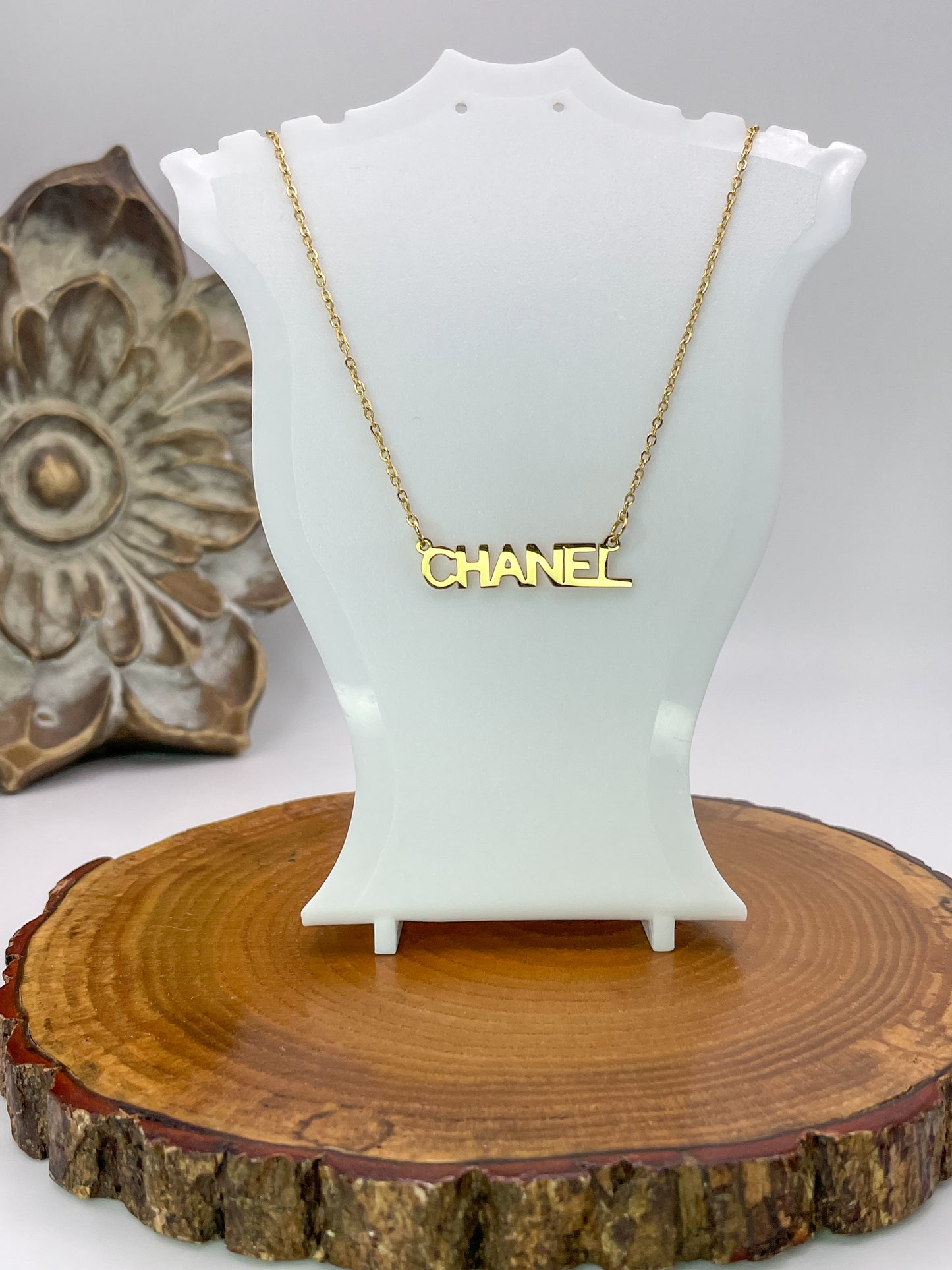 Designer CC Name Plate Gold Stainless Steel Necklace