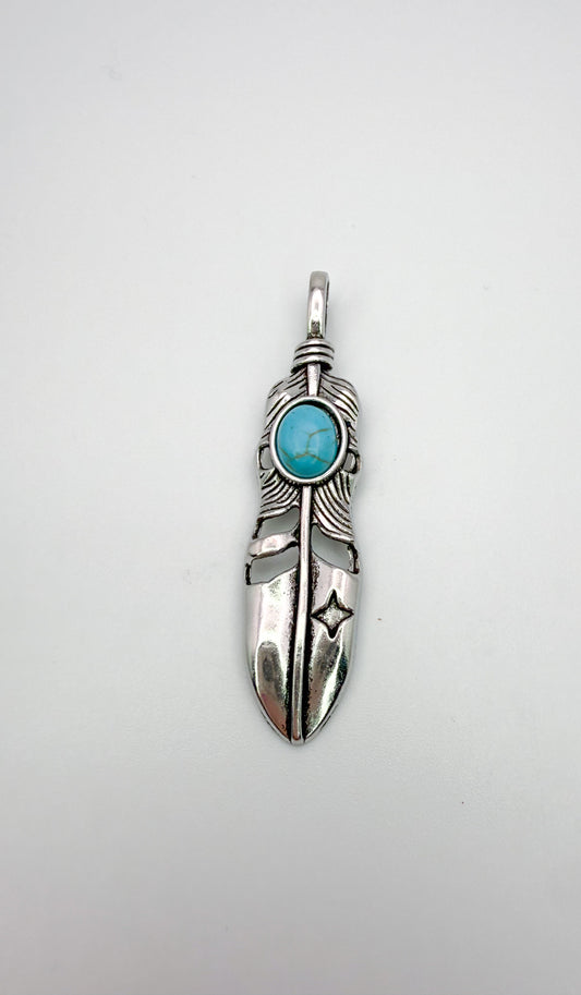 Silver Feather Pendant with Turquoise Stone in Center