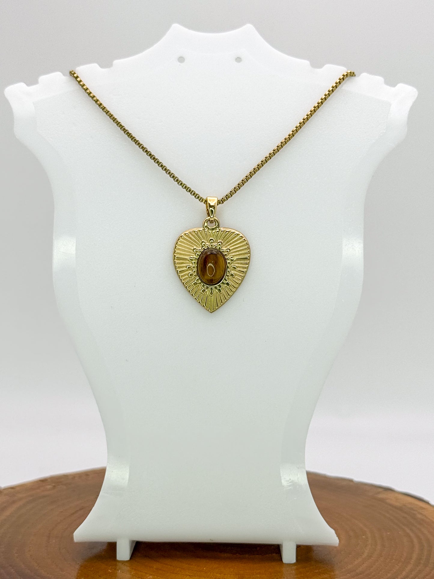 Heart of Gold Necklace- Natural Gemstones, Gold Stainless Steel Pendant Necklace