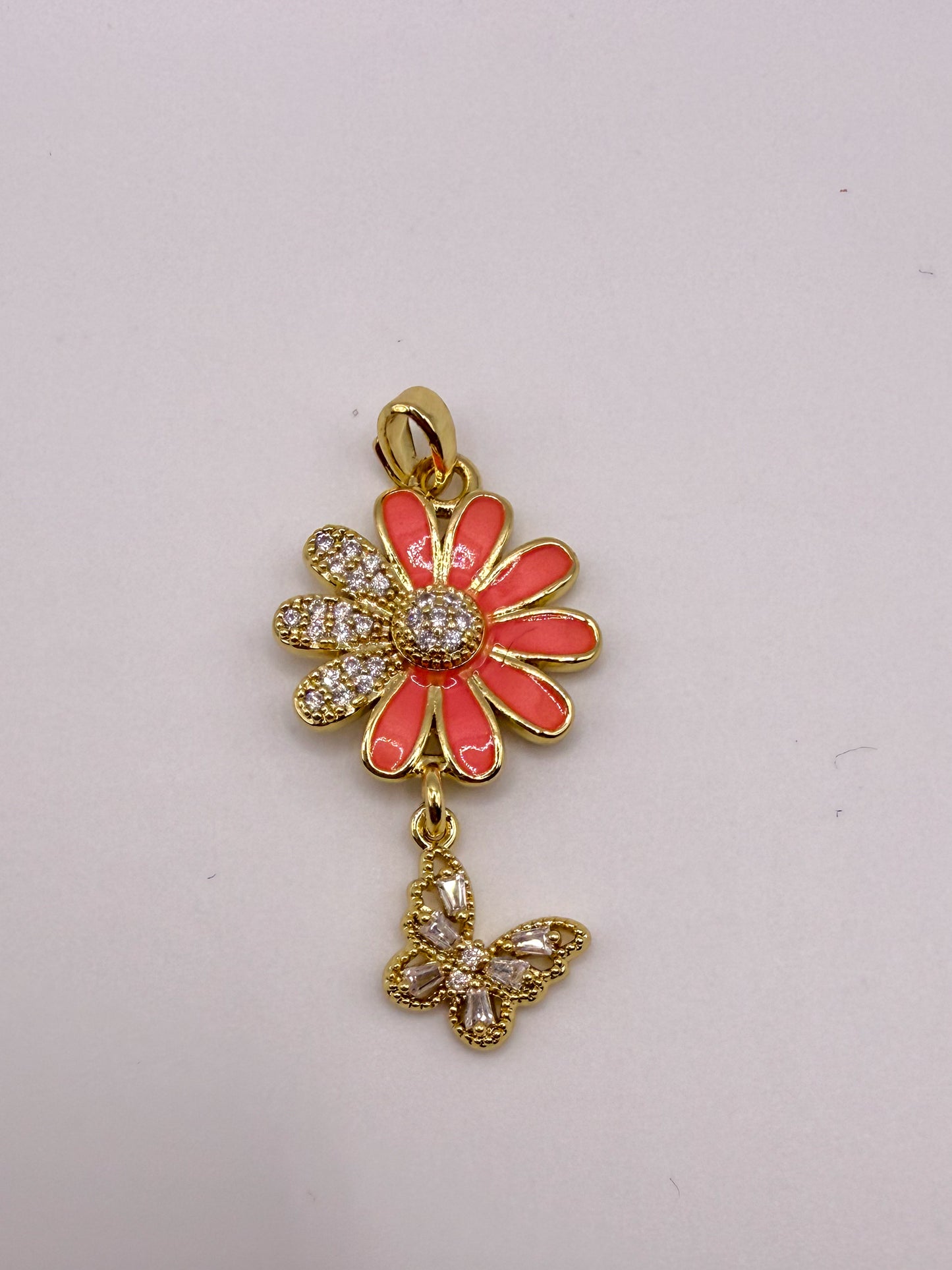 Gold Flower & Dangling Butterfly Charm Pendant