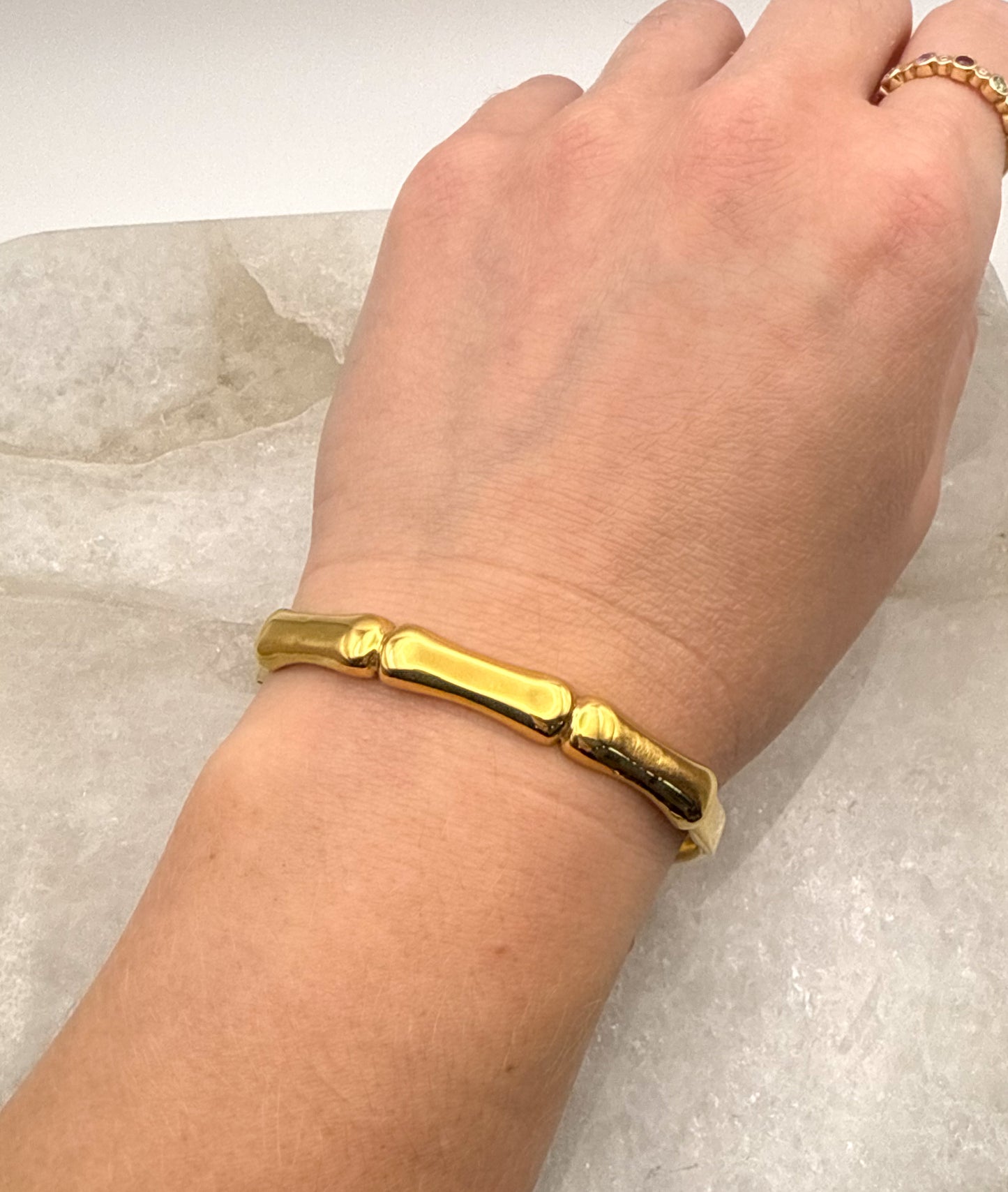 Gold Stainless Steel Shiny Bamboo Bangle Bracelet