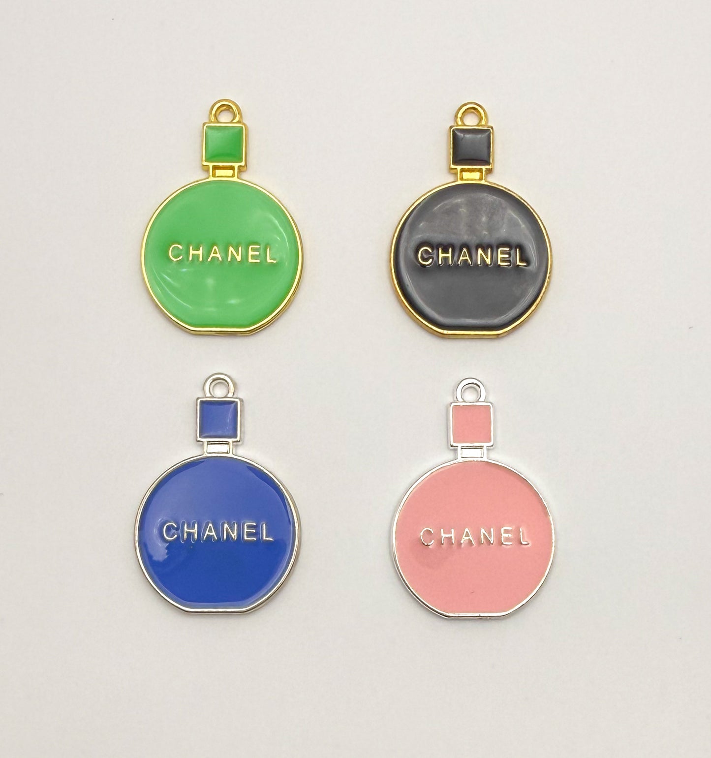Chanel Perfume Bottle Silver & Gold Enamel Charm Pendants